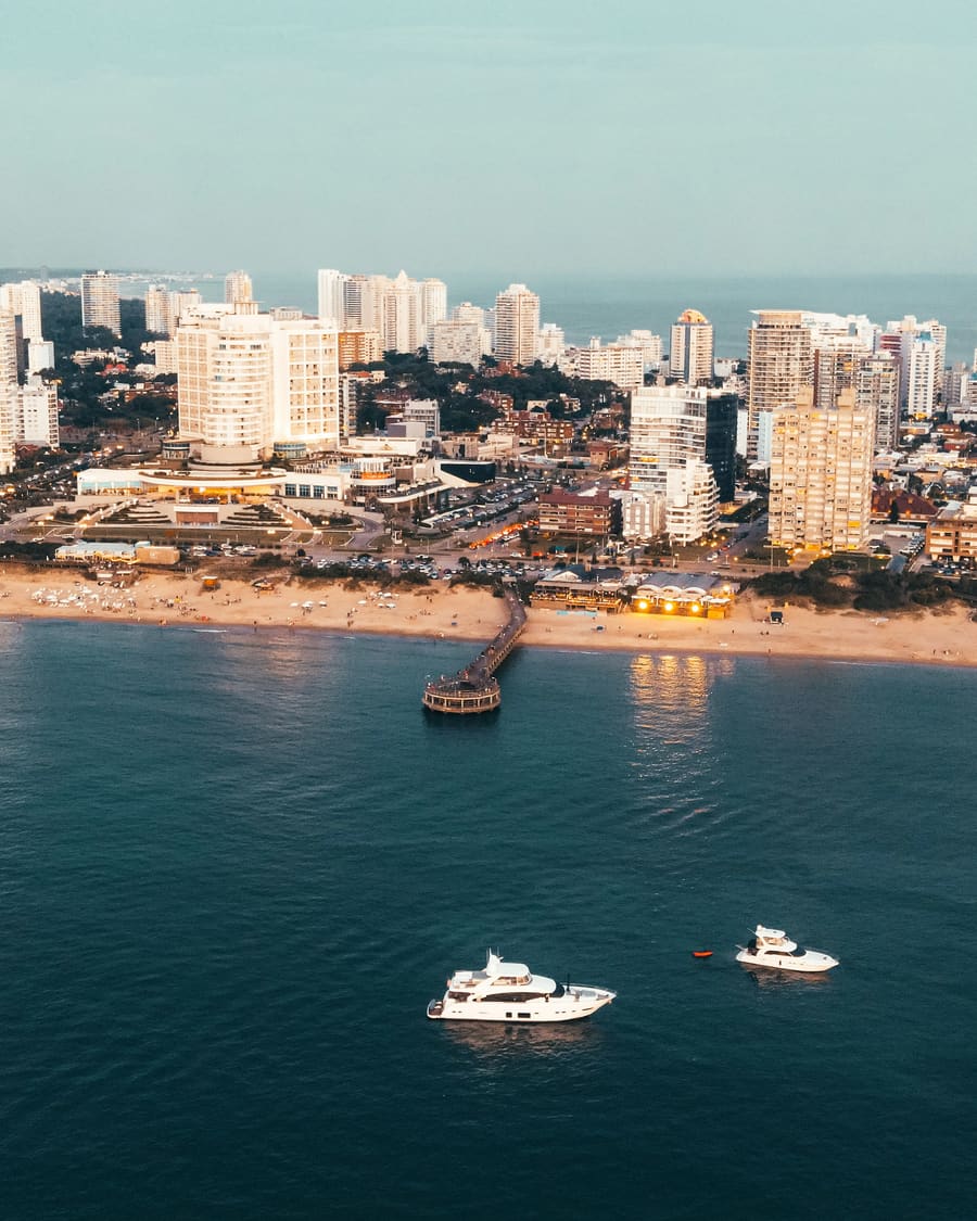 Boats in the bay off Punta del Este, the high-rises behind