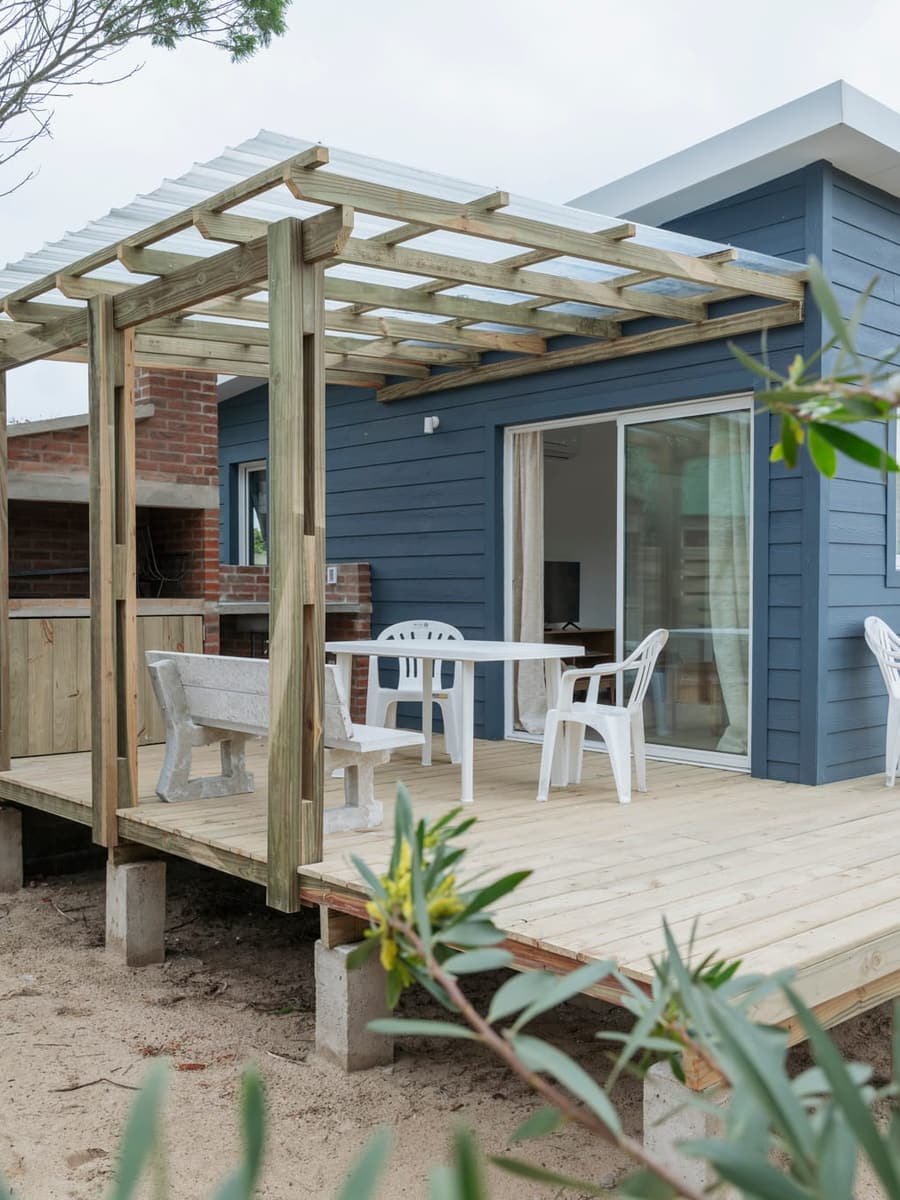 Wooden deck with a pergola and garden furniture in front of a blue timber house.