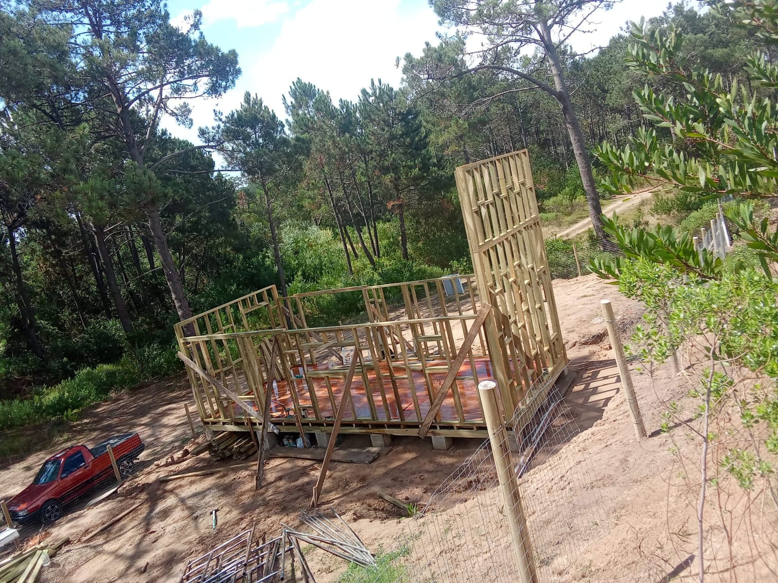 Two raised timber frame walls with the floor deck, surrounded by pine forest.