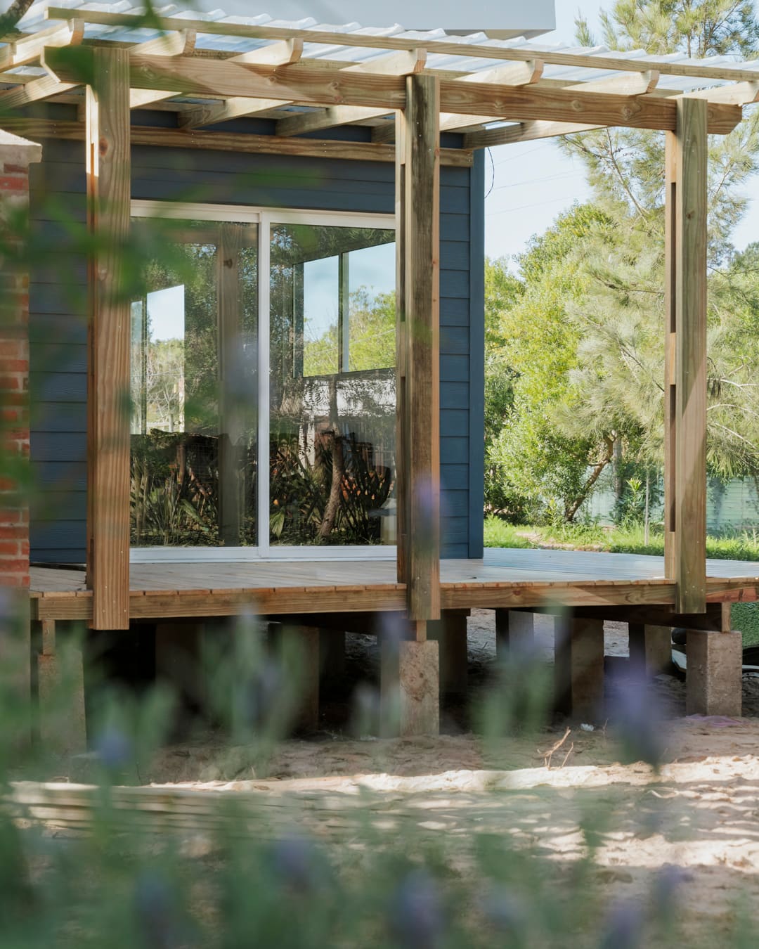 View through lavender to a timber deck with pergola posts and the house's sliding glass door.